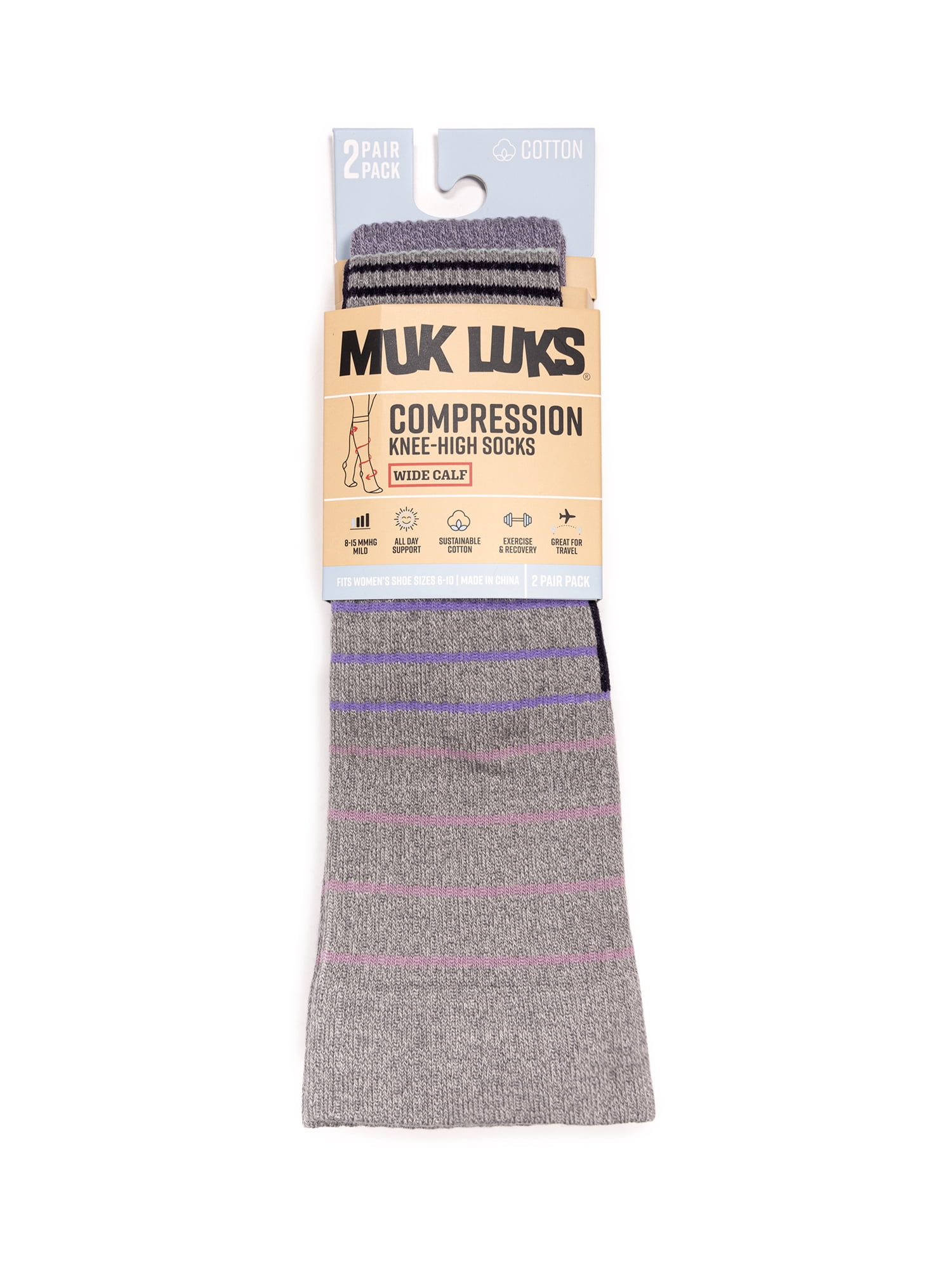 MUK LUKS Women's Wide Width Compression Cotton Knee-High Socks, 2-Pack, Shoe Size 6-10