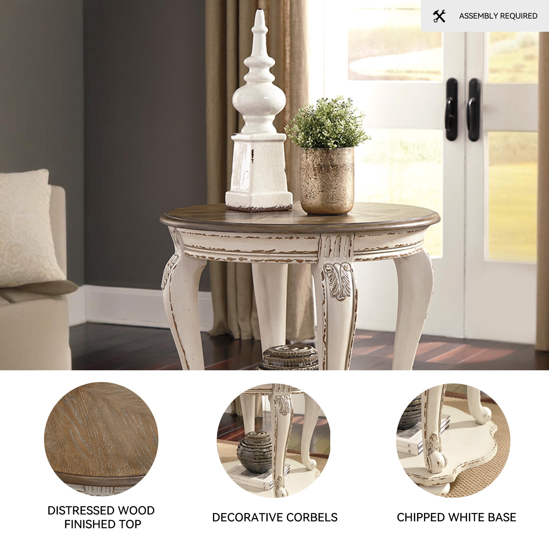 Signature Design by Ashley Realyn End Table, White and Brown Two-Tone Farmhouse Side Table with Fixed Lower Shelf