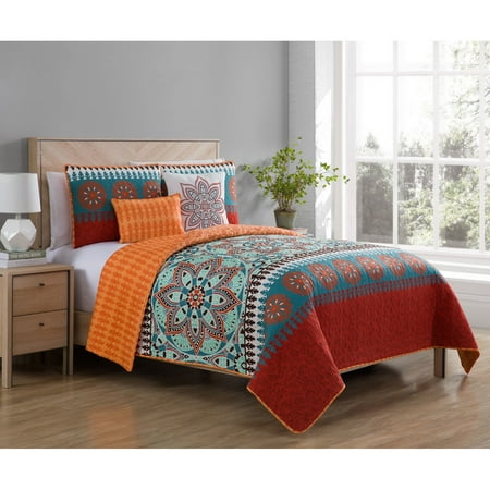 Orange Euro Sham VCNY Home Orange Ezra Printed Medallion 4/5 Piece Quilt Bedding Set, Shams and Decorative Pillows Included ()