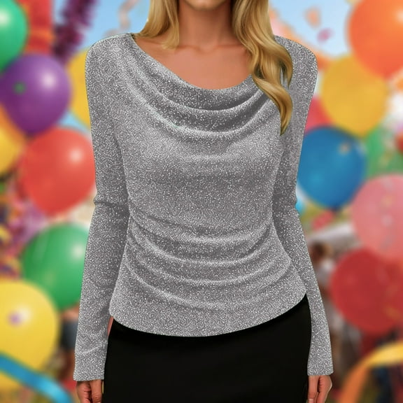 Blouses for Women Dressy Casual Sparkly Tops (Silver L)