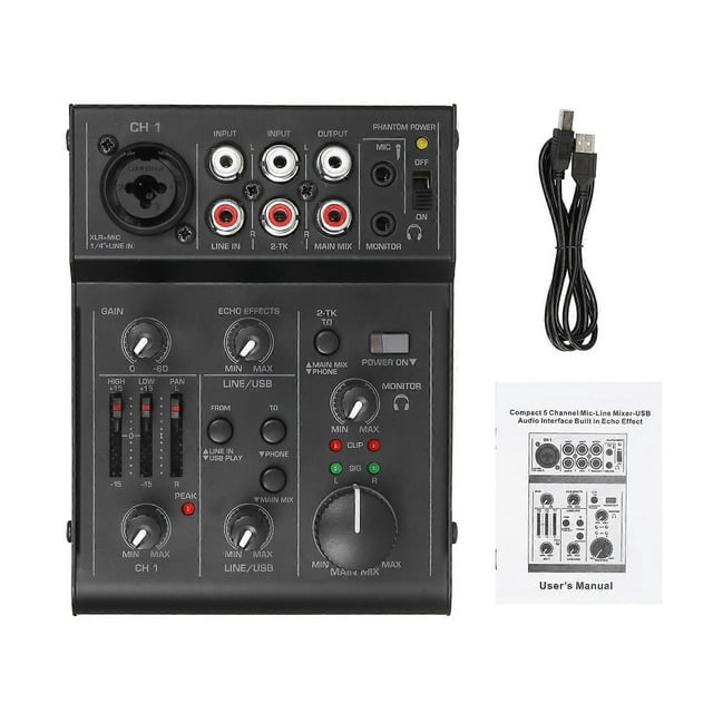 5-Channel Compact o Mixer Sound Mixing Console USB o Interface 2-Band EQ Built-in Echoing Effect for DJ Recording Live Broadcast
