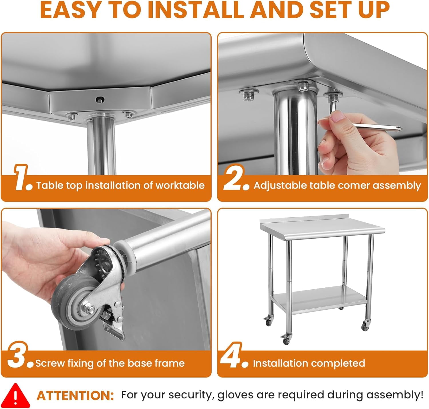 Tuekys Stainless Steel Table with Hooks,Metal Prep Table with Backsplash & Adjustable Undershelf,Curved Edge,Heavy Duty Food Prep Worktable for Home