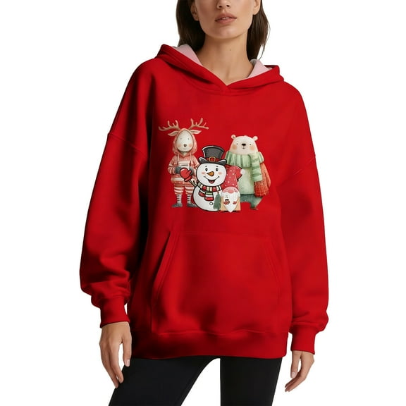 Fiaer Christmas Women's Hoodie Snowman Printed Stripe Oversized Hooded Sweatshirts Long Sleeve Baggy Fashion Tops with Pocket 1-Red XS