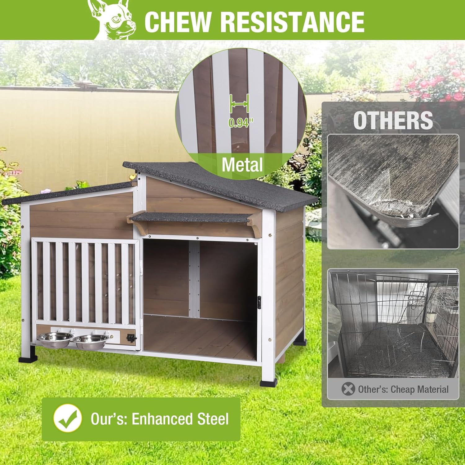 Aivituvin Heated Dog House Outdoor with Heating Pad and Insulated Liner, Wooden Dog Kennel with Anti-Chewing Metal Frame, Weatherproof Dog Shelter with Bowls for Outdoor or Indoor Use (Light Brown)