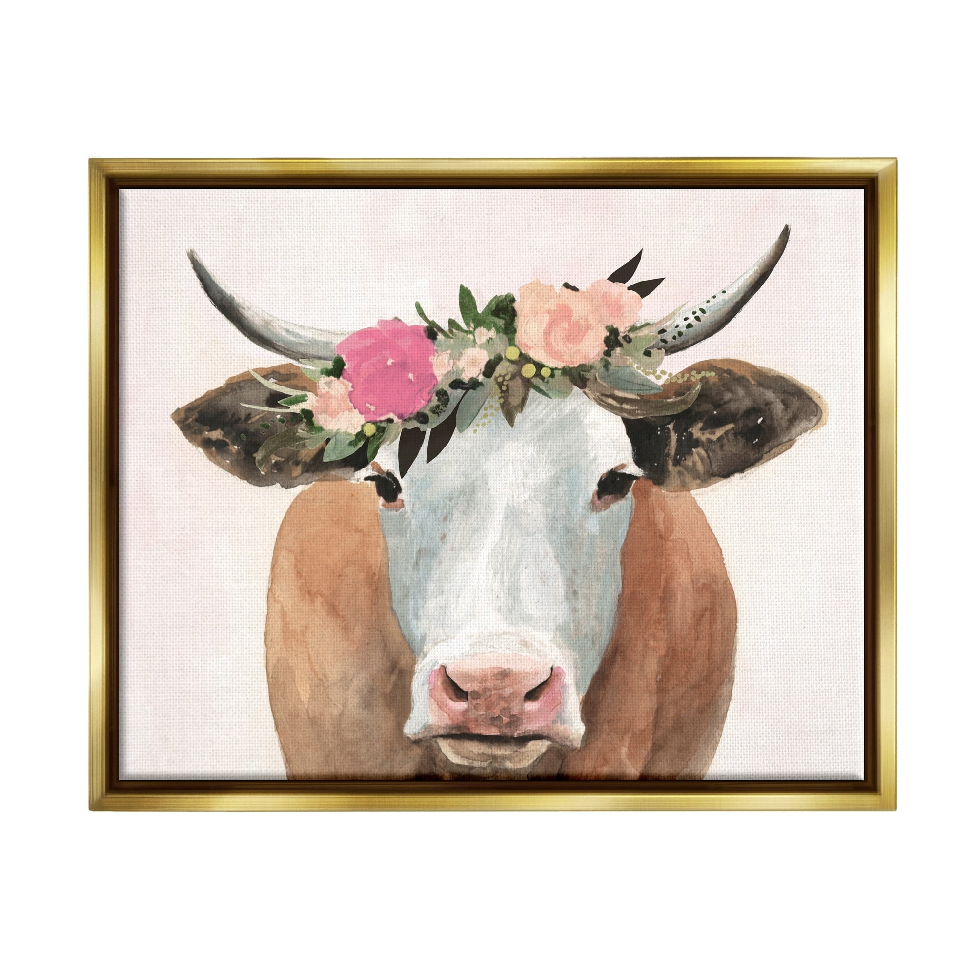 Stupell Industries Springtime Flower Crown Farm Cow with Horns Metallic Gold Framed Floating Canvas Wall Art, 24x30, by Victoria Borges