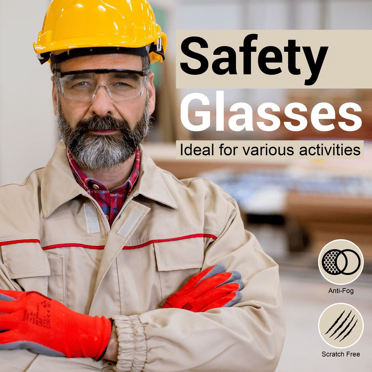 OWL Eye Protection Safety Glasses for Men- Clear Wraparound Lens No-Slip, Adjustable, Lab Goggles - Smoke