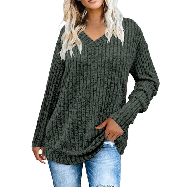 Camisas de Larga con Cuello en V para Mujer, Blusas Casuales de Otoño, Suéteres Tipo Túnica Ligeros, Blusas de Moda 2025 Verde Oscuro M