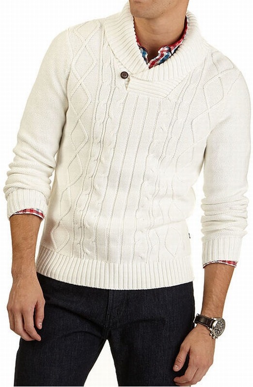 shawl collar cable knit sweater