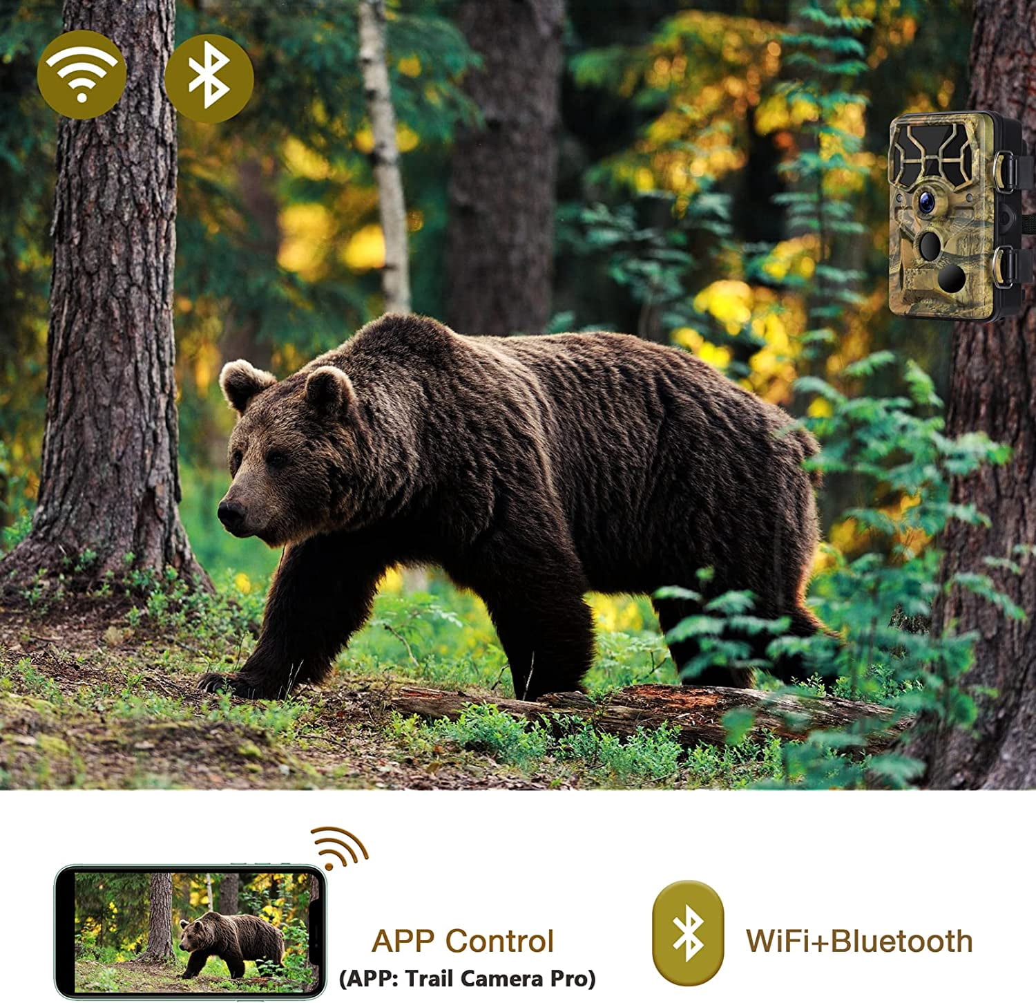 CAMPARK WiFi Bluetooth Trail Camera 30MP 4K Deer Game Camera Night Vision Motion Activated 3 PIR LEDs 120°Wide Lens Hunting Wildlife Camera Waterproof IP66 Hunting Trail Monitors