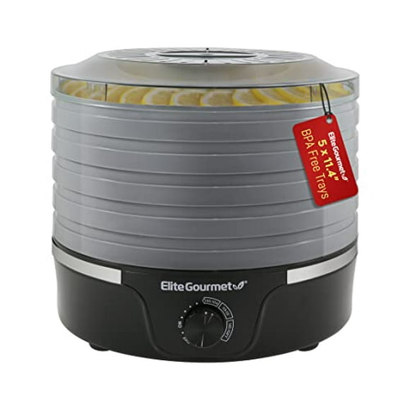 Elite Gourmet EFD319DKG Déshydrateur Alimentaire, 5 BPA-Free 11.4&quot; Plateaux de Contrôle de la Température, Saccadés, Herbes, Fruits, Légumes, Collations Séchées, Noir et Gris