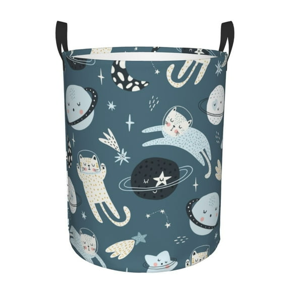 DouZhe Waterproof Collapsible Large Laundry Baskets, Cartoon Cat Astronauts Prints Circular Hamper with Handles