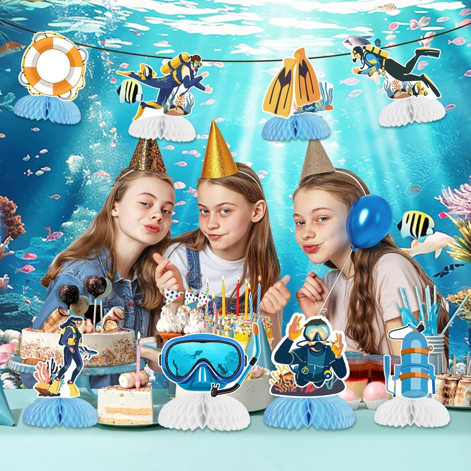 Scuba Diving Party Decorations, 8pcs Scuba Diving Honeycomb Centerpiece for Table Double-Sided Diving Table Centerpiece for Scuba Diving Birthday Baby Shower Underwater Ocean Summer Party