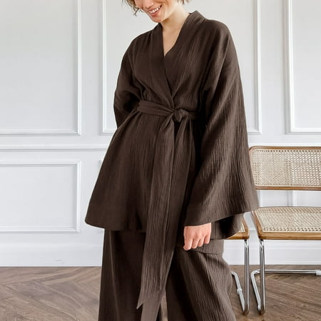 

Voncos Women Nightwear Pajamas Flash Picks- Women s Long Sleeved Loose Rousers Crepe Women s Solid Color Nightgown Housewear Pajama Suit Brown M