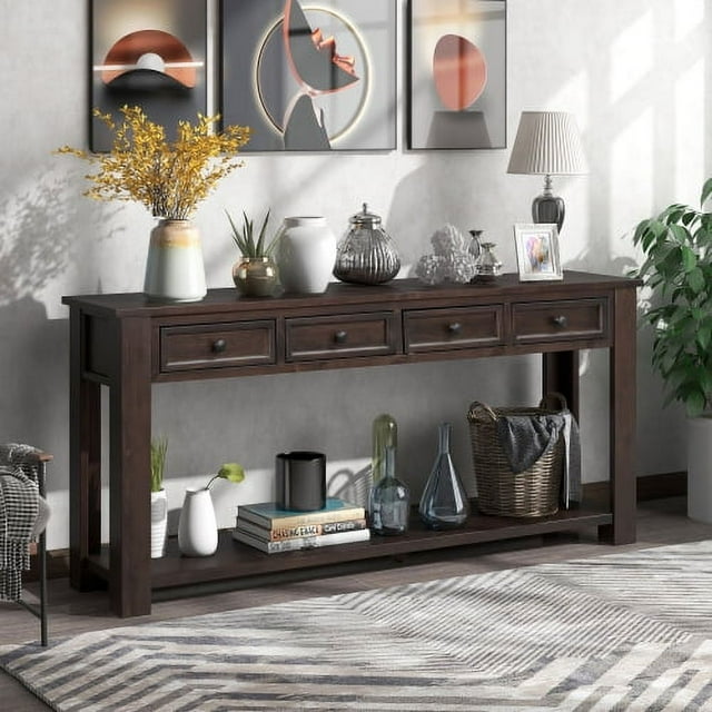 63" Solid Wood Console Table Sofa Table with 4 Drawers and 1 Bottom Shelf for Entryway Hallway Foyer Sofa, Espresso