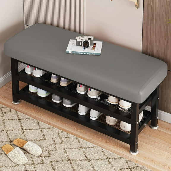 Modern Large Grey Shoe Storage Bench, 39.4 Inches Entry Bench with Mesh Shelves, Shoe Shelf with Seat for Entryway, Hallway, Living Room, Easy Assembly