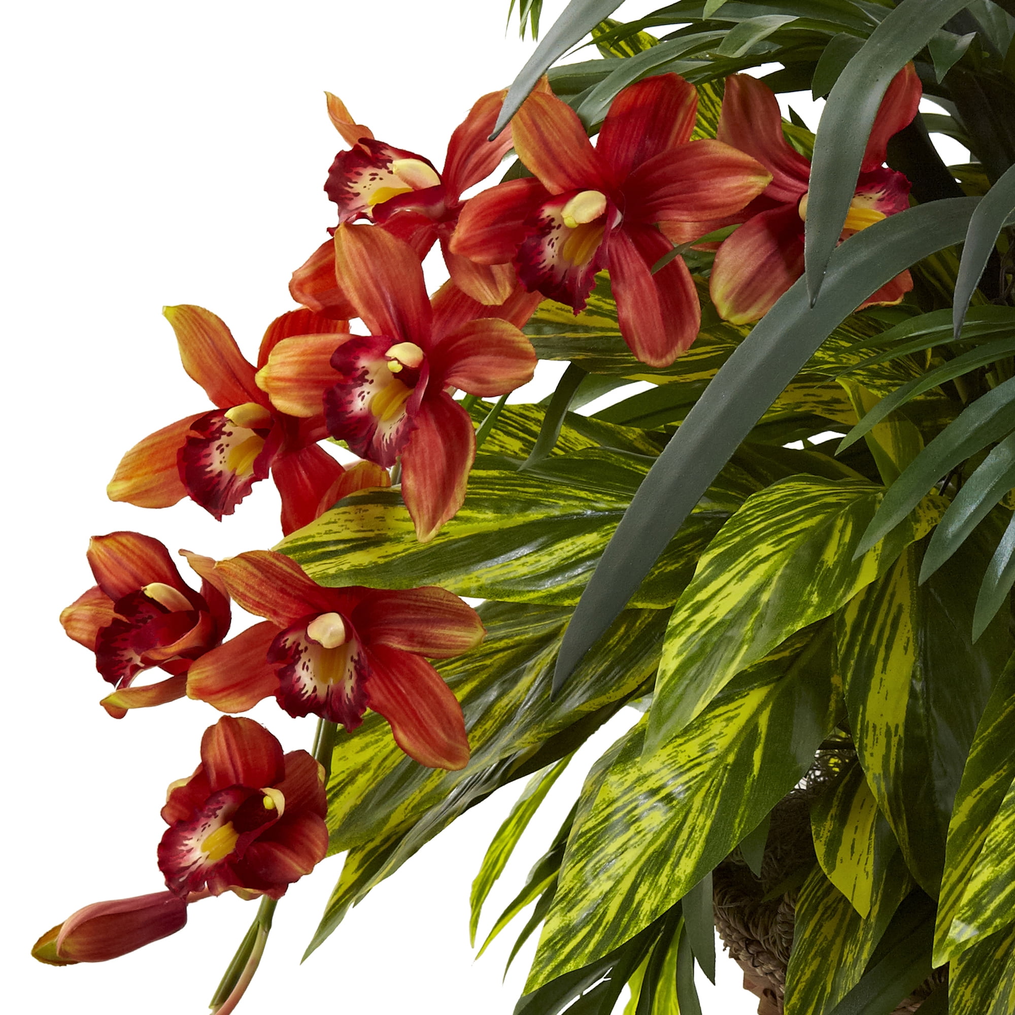Nearly Natural Red and Green Plastic Mixed Tropical and Cymbidium Hanging Planter