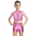 thumbnail image 6 of inhzoy Kids Girls 2 Piece Shiny Dance Outfits Crop Top Metallic Shorts Set Pink 8, 6 of 7