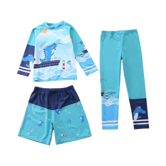 Grblisyd Boys 3 Piece Swimsuit Rash Guard Set Cute Cartoon Print Beach Bathing Suits Kids Shorts Swim Trunks Pants Long Sleeve