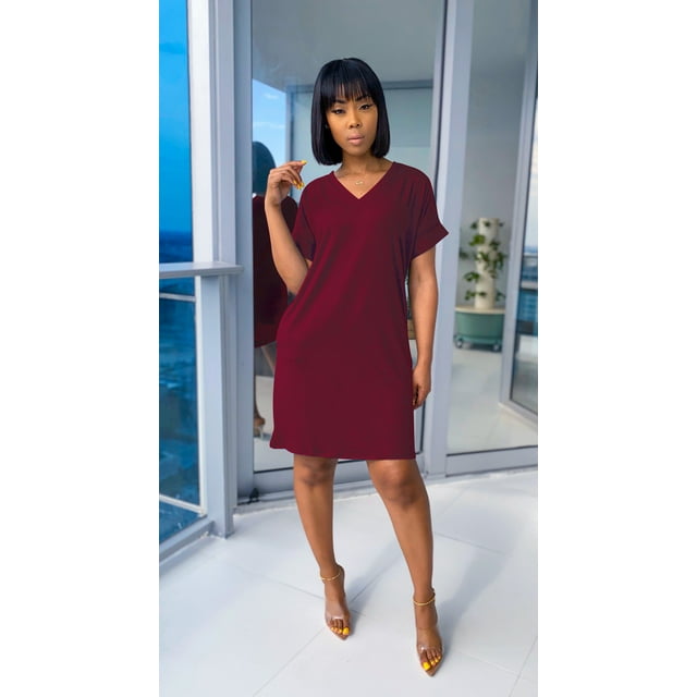 Nouveau V Femmes Cou Couleur Unie à Manches Courtes Robe Décontractée Robe de Poche
