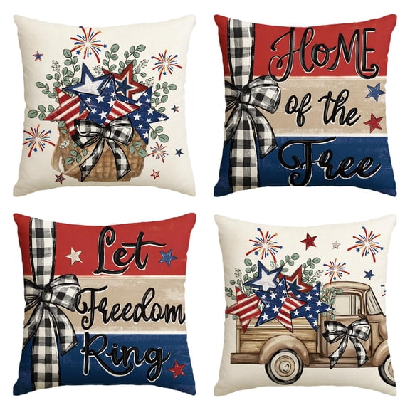 Let Freedom Free Eucalyptus Stars Fireworks Car Throw Pillow Covers, 18 x 18 Inch 4th of July Patriotic Independence Memorial Day USA Flag Cushion Case Decorations Set of 4