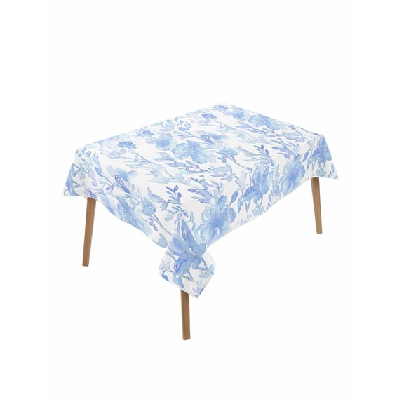 Watercolor Blue Floral Table Cloth, Blue Ombre Botanical Summer Waterproof Tablecloth for Rectangle Tables, Reusable Washable Fabric Table Cover for Restaurant Kitchen Dining Tables 52"x70"