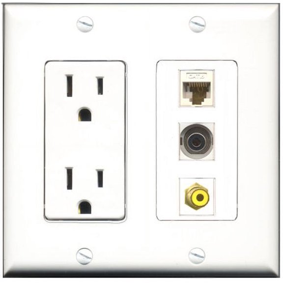 RiteAV - 15 Amp Power Outlet 1 Port RCA Yellow 1 Port 3.5mm 1 Port Cat6 Ethernet Ethernet White Decorative Wall Plate