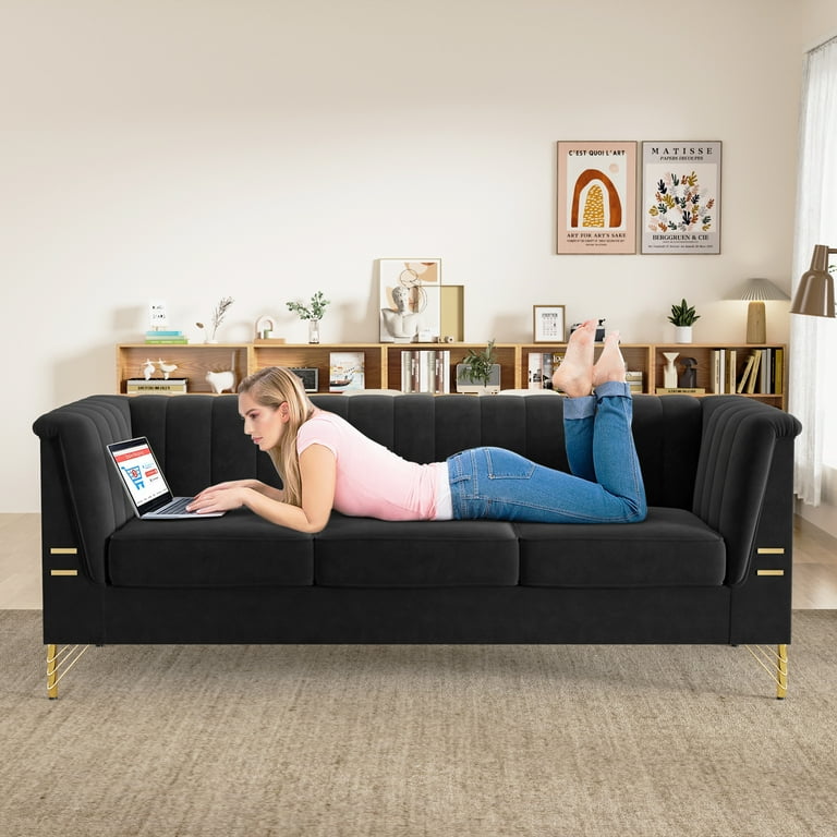 Atumon Velvet Sofa, Modern 3-Seat Couch with Gold Metal Legs