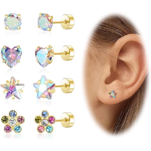 Hypoallergenic Earrings for Women Surgical Steel Screw Flat Back Earrings for Sensitive Ears Women14K Gold Plated Silver Earring Cute Heart Flower Star Stud Earring Sets