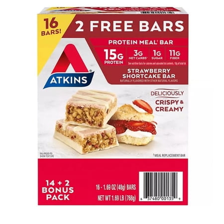 Atkins Strawberry Shortcake Protein Meal Bar (14 Count + 2 Bonus Bars)