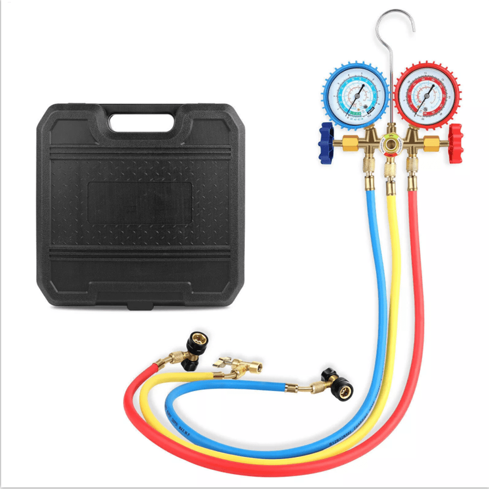 AC Manifold Gauge Set, 3 Way Car HVAC R134a R404a Refrigerant Charging Tool Kit, with 3FT Hose Quick Coupler Adapter Can Tap Case, for Auto Air Conditioner Freon Diagnostic Test and Recharge