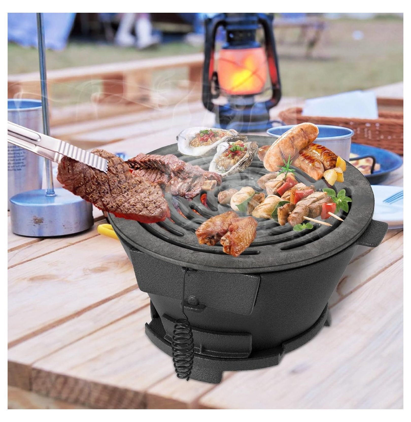 Cast Iron Hibachi Charcoal Grill XYT Portable Japanese BBQ Double-Sided Grate for Camping Picnic