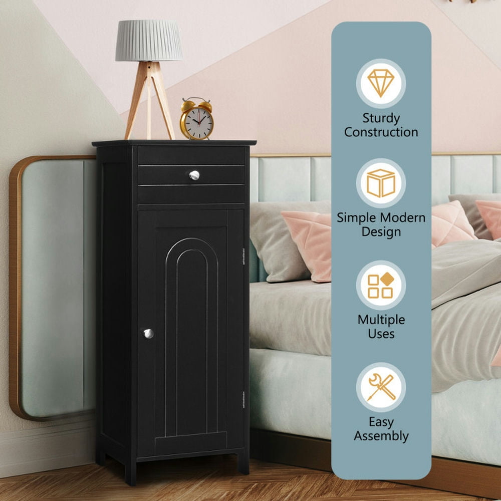Finihen Storage Cabinet, Floor Cabinet, Wooden Storage Free-Standing Floor Cabinet with Drawer and Shelf, for Bathroom, Living Room, Bedroom, Kitchen, Black