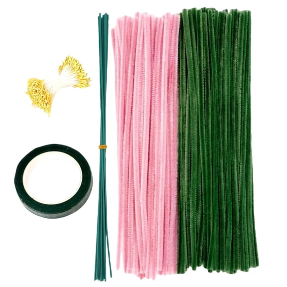 Ornament Cleaners Flower Kit, Flower Making Kit, Dark Green Ornament Cleaners, Pink Ornament Cleaners, 12 in Fuzzy Sticks, 210 Pc Total, Stamens for Flower Making, Wrapping Tape