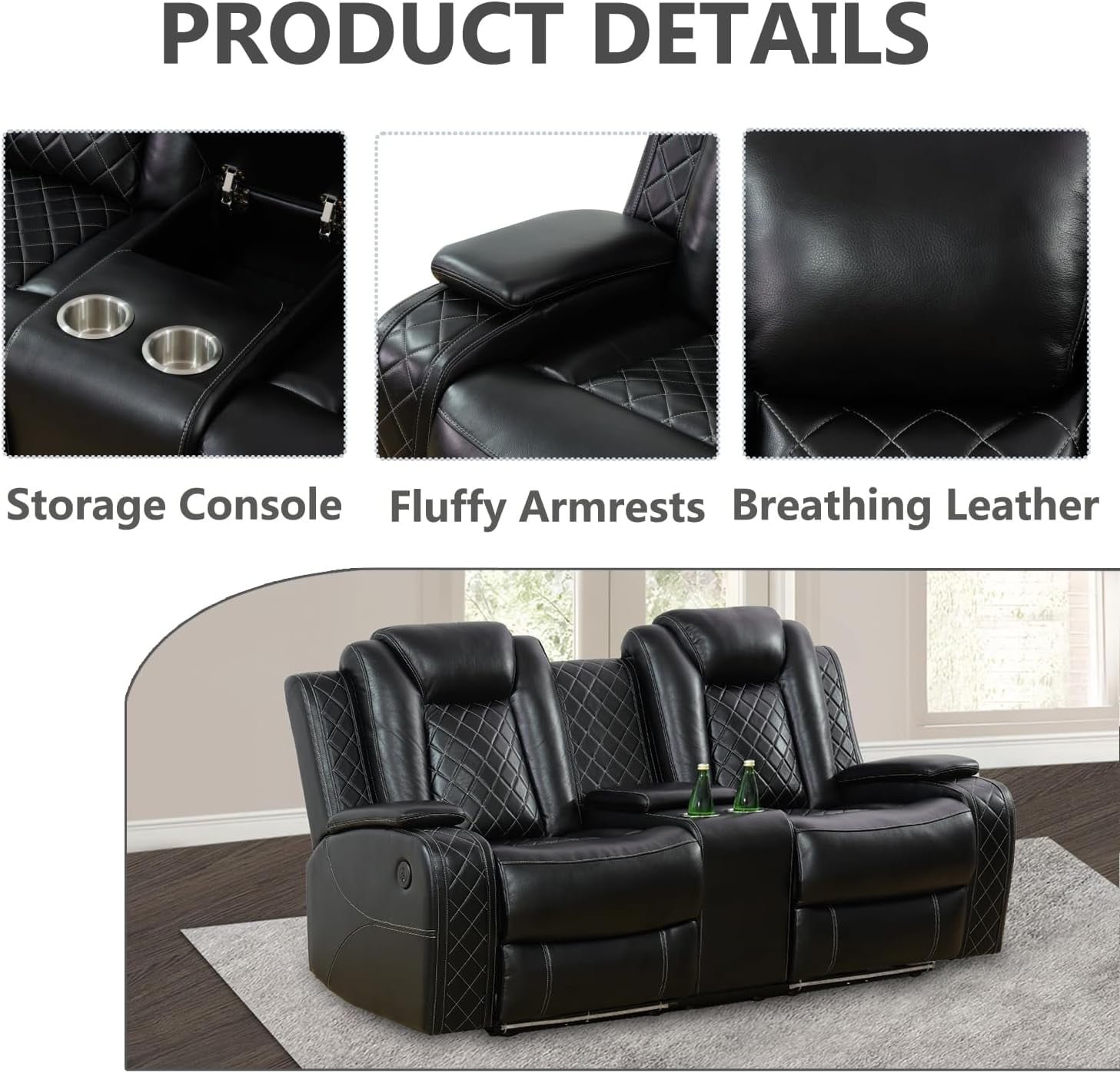 PonLiving Power Leather Recliner Sofa with LED Lights,with USB Port/Storage Console/Cup Holders. Black