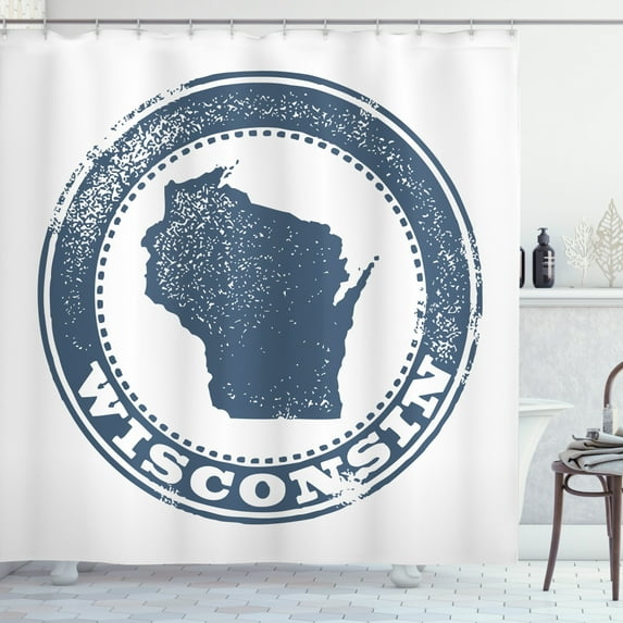Ambesonne Wisconsin Shower Curtain, Map Retro Grunge Stamp, 69"Wx75"L, Slate Blue White