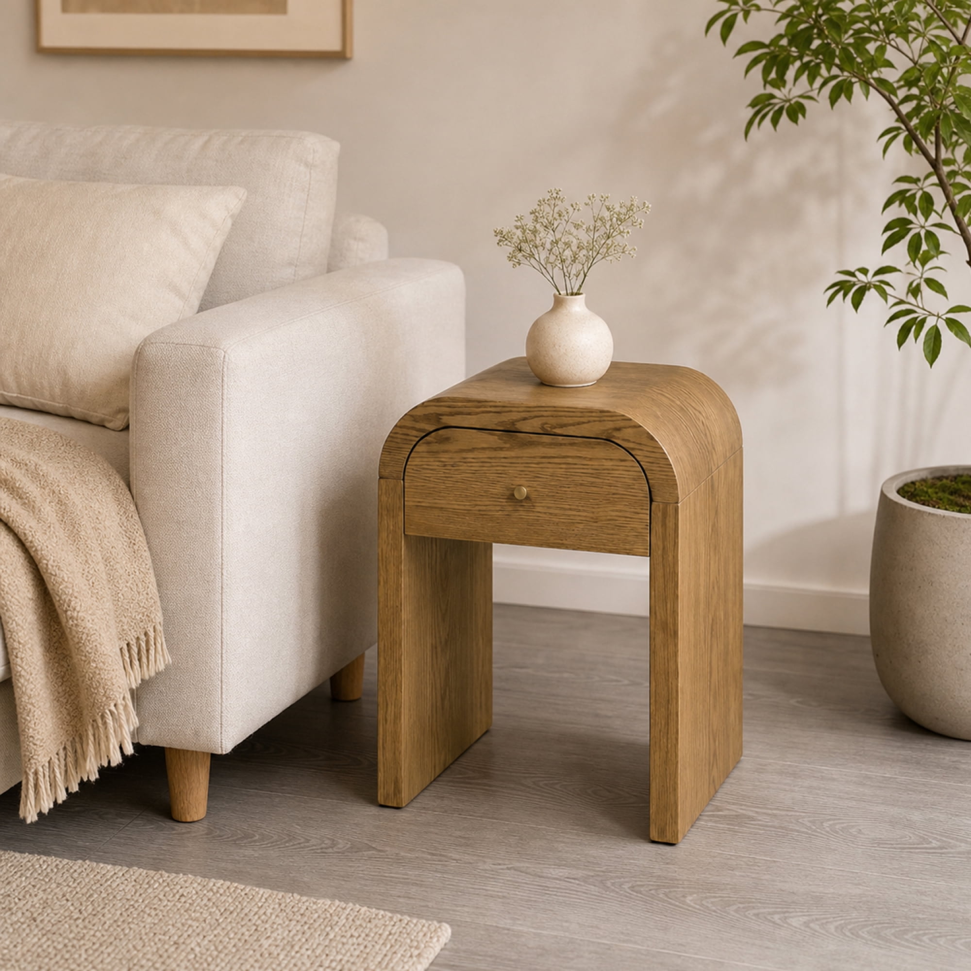 Leumius Curved Side Table with 1 Drawer Nightstand Side End Table with Rounded Edge Tabletop for Bedroom Living Room Walnut