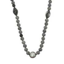 Round Genuine Pearl and Jasper Silvertone Beaded Necklace 34-inch