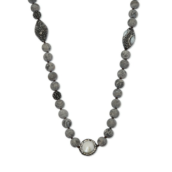 Round Genuine Pearl and Jasper Silvertone Beaded Necklace 34-inch