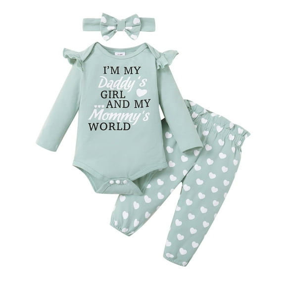 NZRVAWS Baby Girls Outfits 6 Months Baby Girls Letter Print 9 Months Baby Girls Ruffle Sleeve Romper Top Heart Print Pants Headband 3Pcs Winter Clothes Set,Green