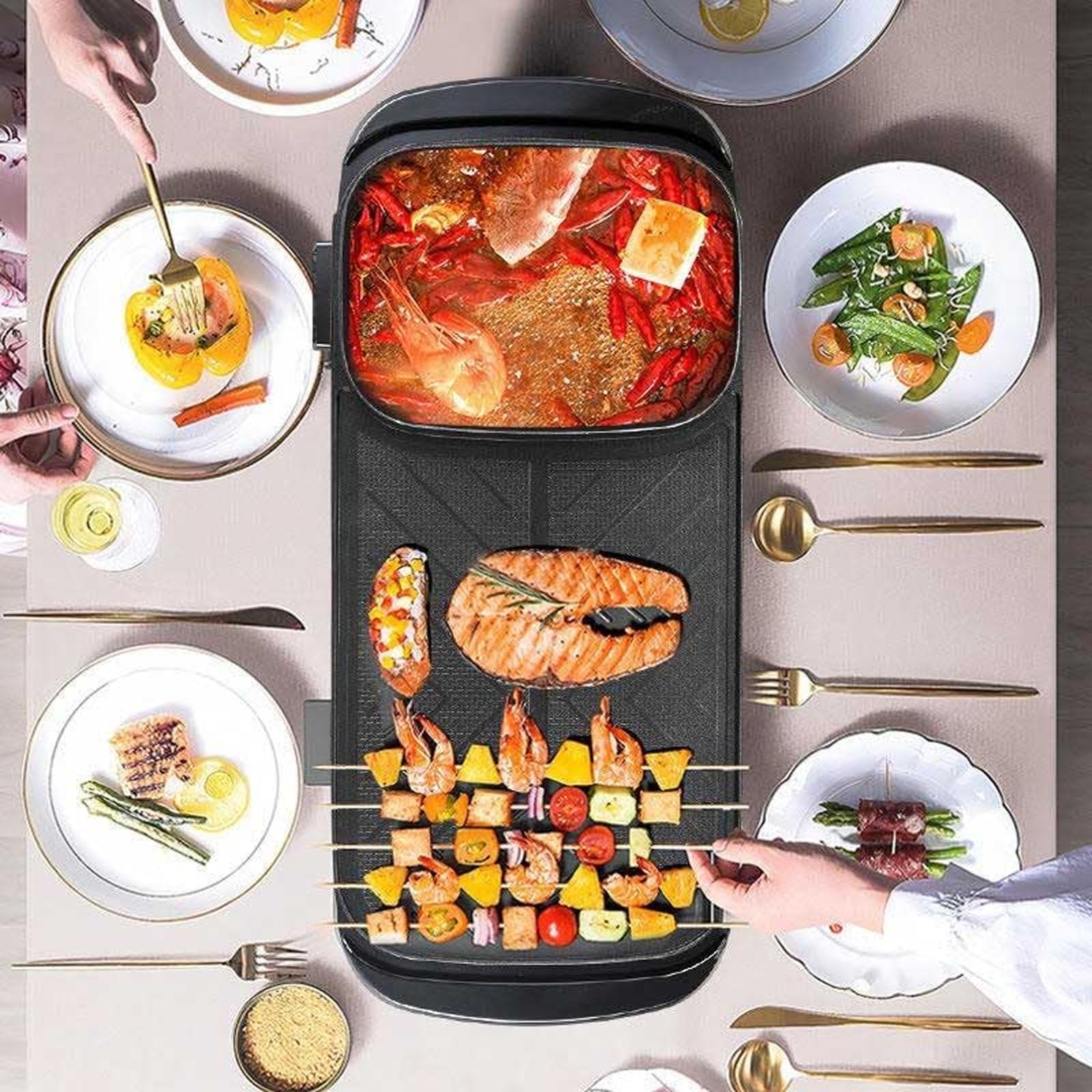 2 in 1 Electric Hot Pot and Grill, 1200W Non-Stick Smokeless Multifunctional Teppanyaki Grill Pot with 5 Temperature Control, Shabu Shabu for Indoor Korean BBQ, Black