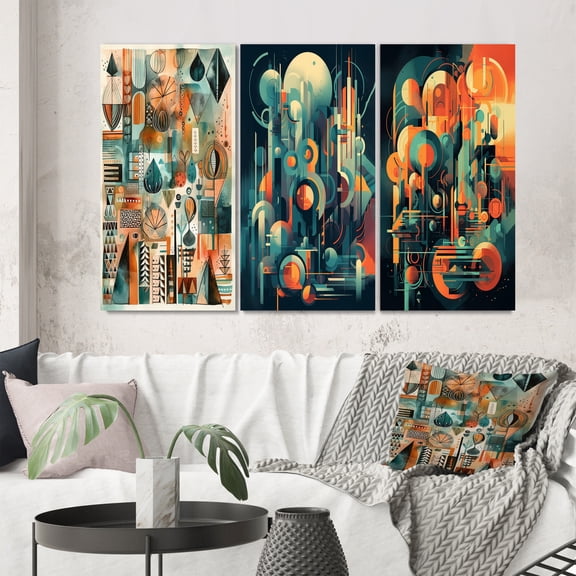 Designart "Mid Century Innovations Green and Orange II" Modern Midcentury Wall Art Set Of 3 - Green Midcentury Canvas Set For Living Room Decor
