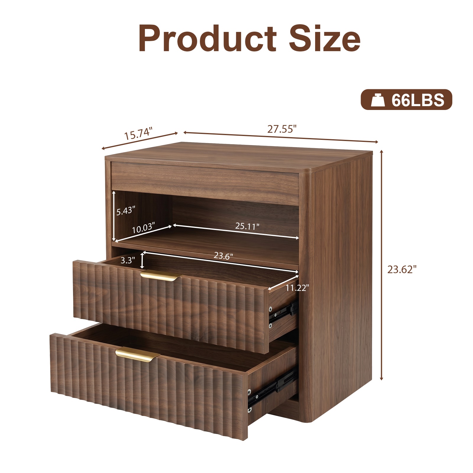 Hommoo Nightstand with 2 Drawers, Pull-Out Shelf & Hidden Power Outlets, Modern Bedside Table for Bedroom, Office or Living Room, Walnut