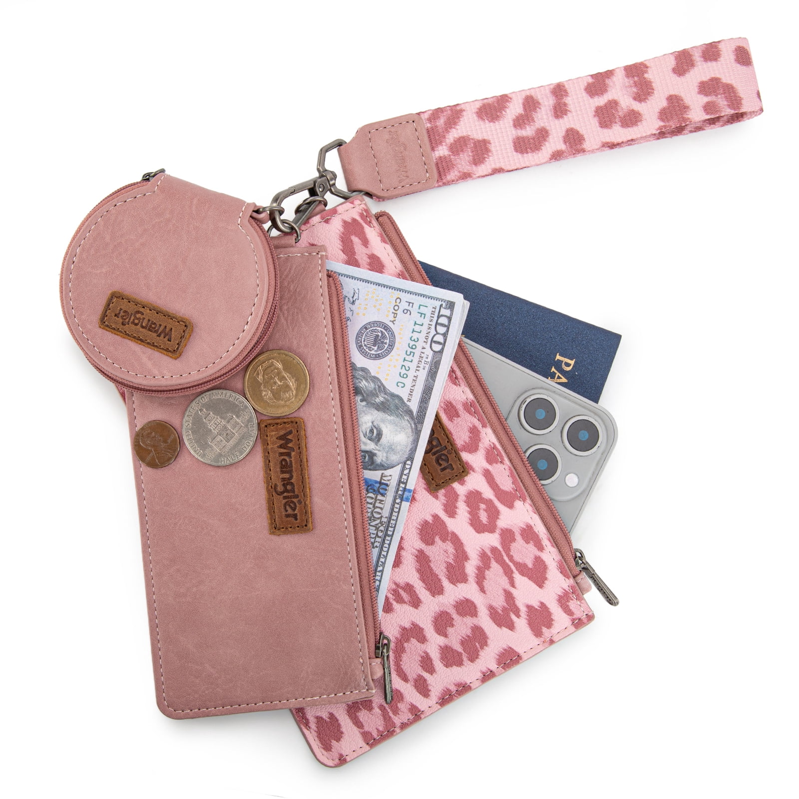 Wrangler Women's Keychain Wristlet Wallet Dual Pouch Design with Zipper Coin Purse, Spacious & Easy to Carry, Dark Pink