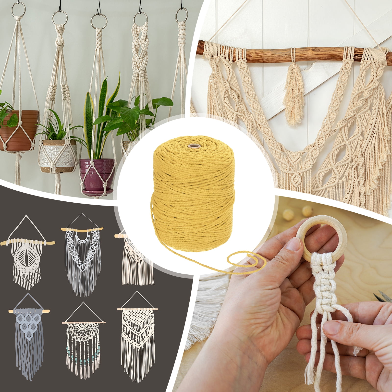 Uxcell Natural Macrame Cord 3mm x 328 Yards 4 Strand Twisted Cotton Macrame Rope for DIY Knitting Plant Wall Hanger Dreamcatcher, Lemon Yellow