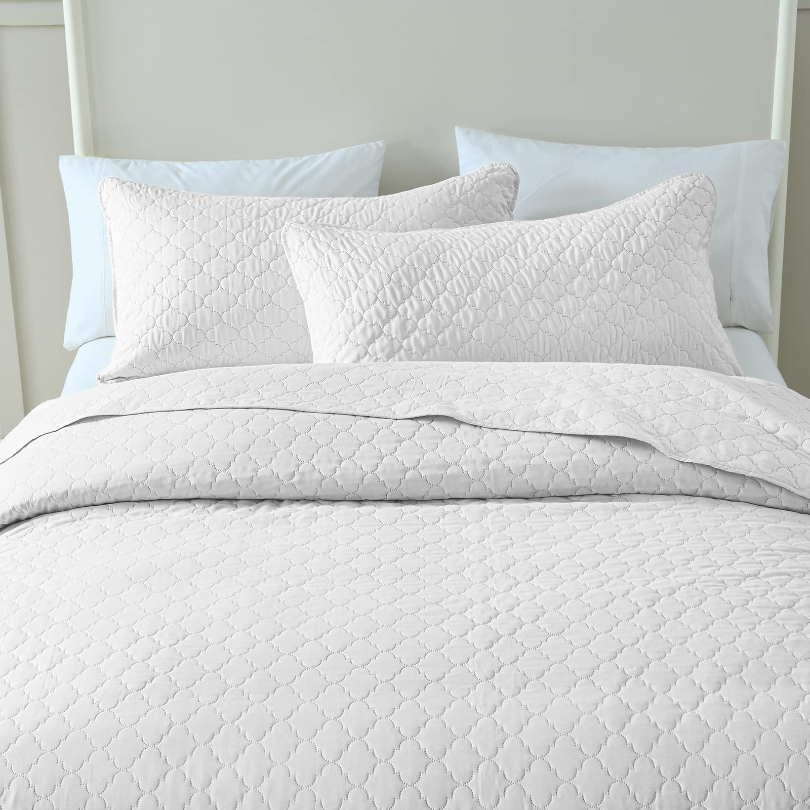 Greagle Ultrasonic Reversible King Size Quilt Set, White Velvet, Soft & Warm, 3-Piece Bedding Set