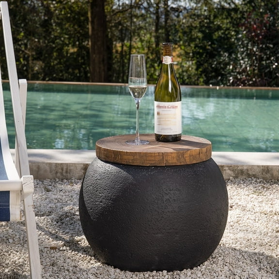 COSIEST Outdoor Patio 17" Round Black Concrete Side Table with Wood Top for Garden