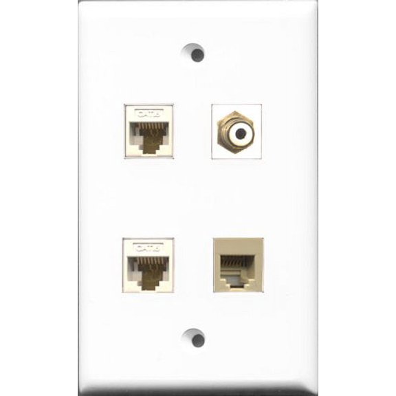 RiteAV 1 Port RCA White and 1 Port Phone RJ11 RJ12 Beige 2 Port Cat6 Ethernet White Wall Plate