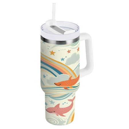 

30 Oz Car Handle Water Cup 9.9x3.5 Inch Stainless Steel Water Cup With Handle Water Cup Car Water Cup Travel Coffee Cup Rainbow Fish