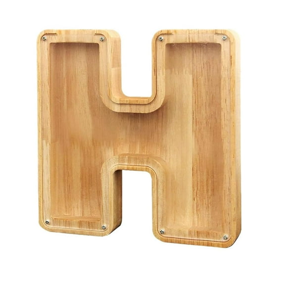 Wooden Letter Piggy Bank Personalized Alphabet Coin Savings Box, Large-Capacity Transparent Wooden Letter Piggy Bank Decor for Adults Boys Girls Kids （H）