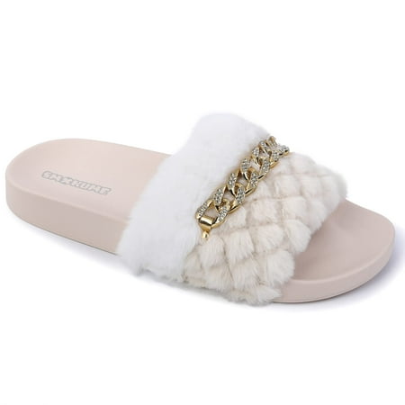 

Women/Girls Sandals Soft Plush Furry Cozy Slippers Flat with Arch Support and Chain 7-10 days delivery